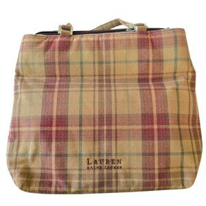 Vintage Ralph Lauren Plaid Fabric Tote Bag Lined 10 x 12 Double Handles